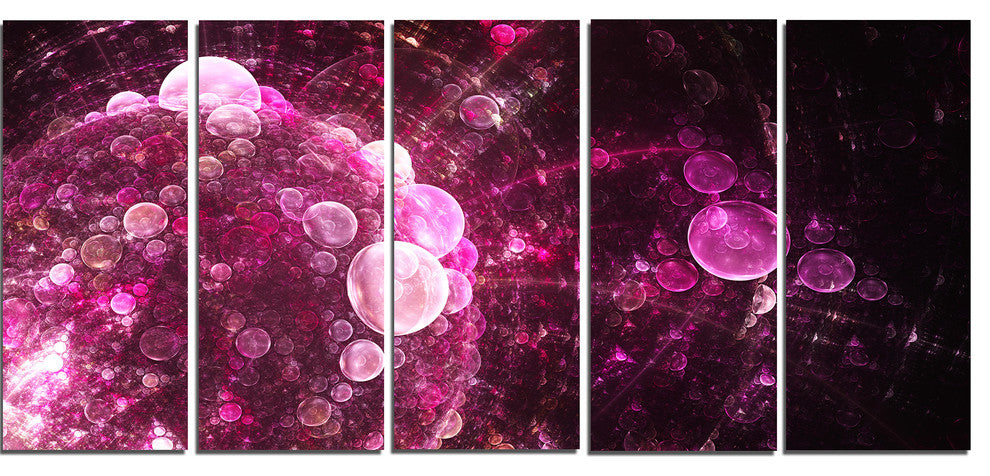 Pink on Black World Bubbles, Floral Canvas Art Print, 60"x28", 5 Panels