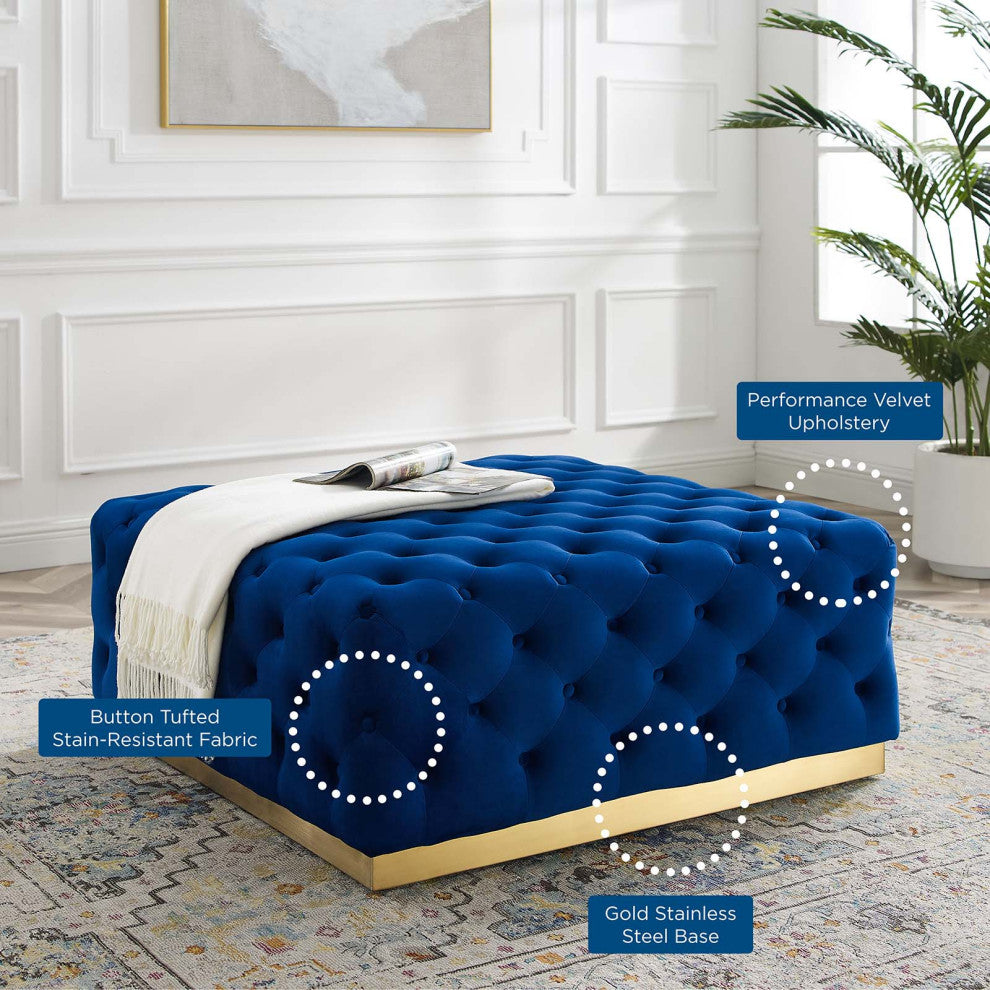 Tufted Accent Chair Ottoman, Square, Velvet, Blue Navy, Modern, Lounge