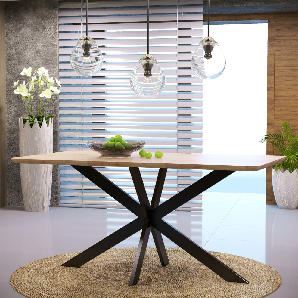 Ravenna 63" MDF Dining Table With X-Cross Geometric Metal Base, Maple