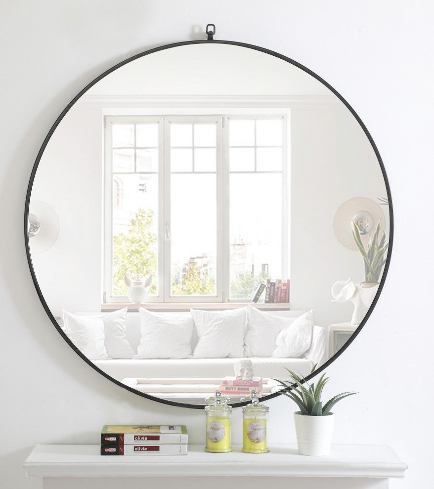 Home Living Metal Frame Round Mirror With Decorative Hook, 36", Black