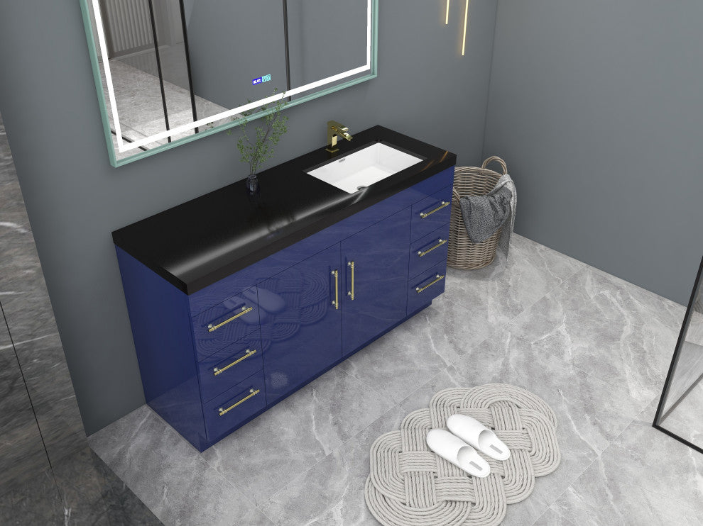 Rosa 60" Free Standing Modern Vanity, High Gloss Night Blue, Matt Black Top