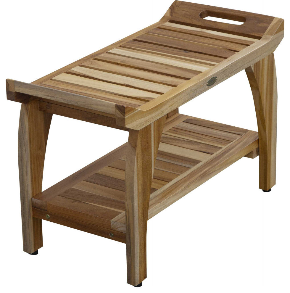 HomeRoots Rectangular Teak Shower Bench With Handles, Natural Finish