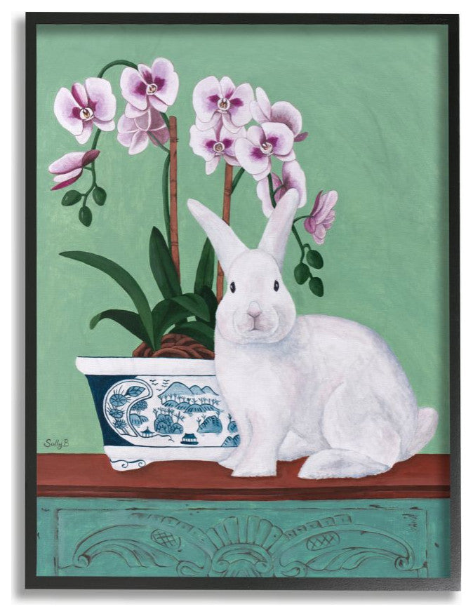 Rabbit and Flowers Pink Green Animal Painting, 24"x30"