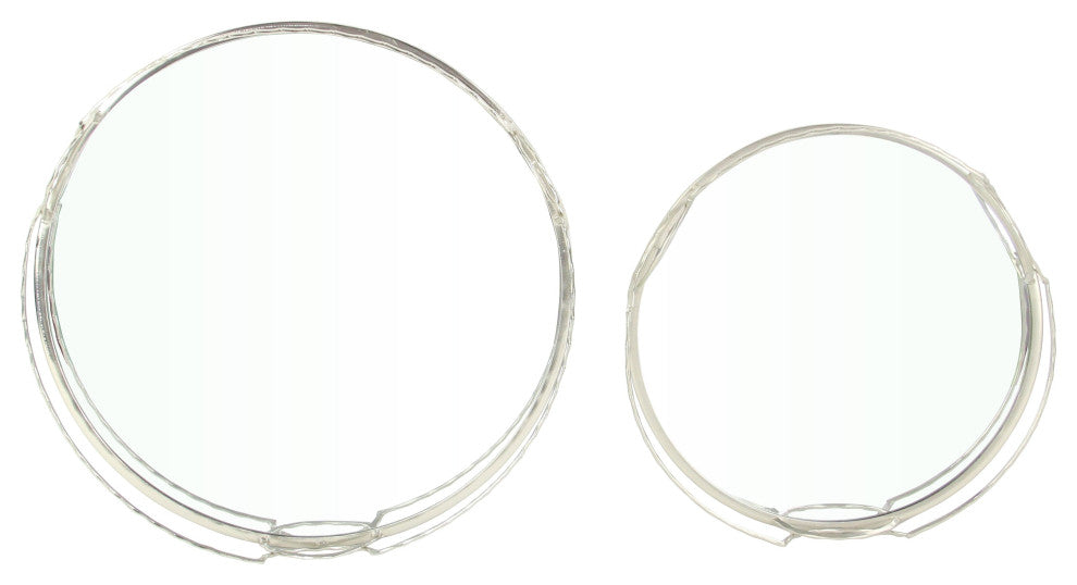Mianzi Round Bamboo-Inspired Rim Silver Metal Trays (Set of 2)