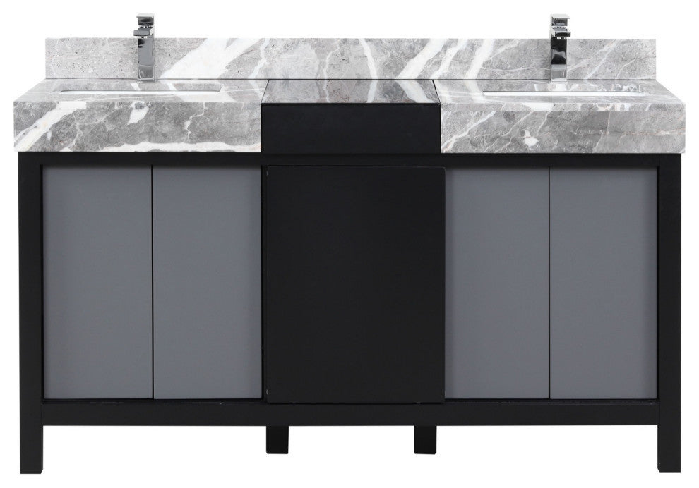 60" Double Vanity, Marble Tops, White Square Sinks, And Monte Chrome Faucet Set