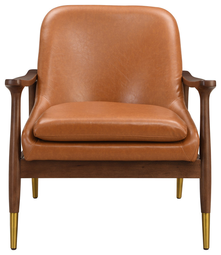 GDF Studio Mid-Century Modern Faux Leather Accent Chair, Solid Wood Frame, Brown, Single