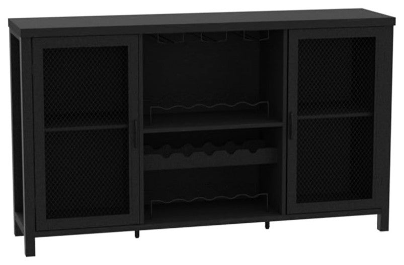 Industrial Bar Cabinet, Center Wine Rack and Glassware Storage in Dark Finish, Black Oak
