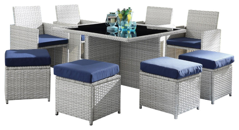 Benzara BM269034 9 Piece Patio Set With Wicker Frame and Ottoman, White