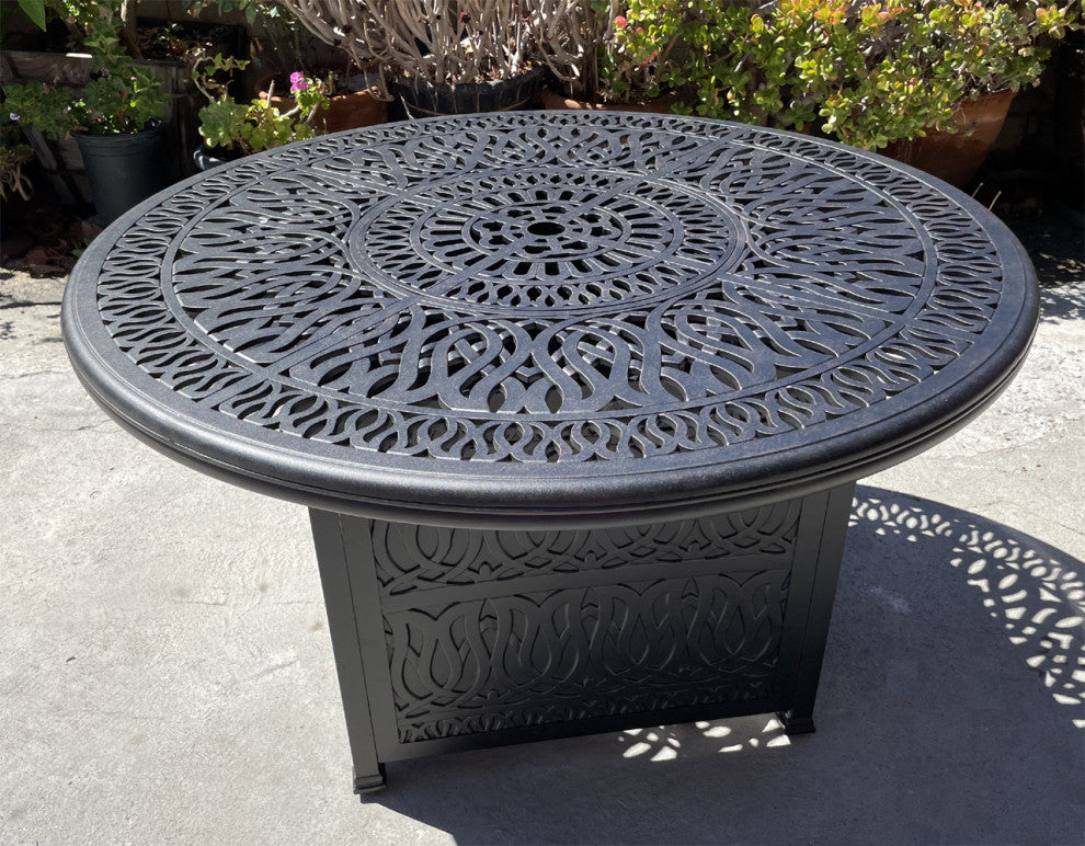 Propane Fire Pit Dining Table Set Cast Aluminum Wicker Furniture, 7 Piece, Patio