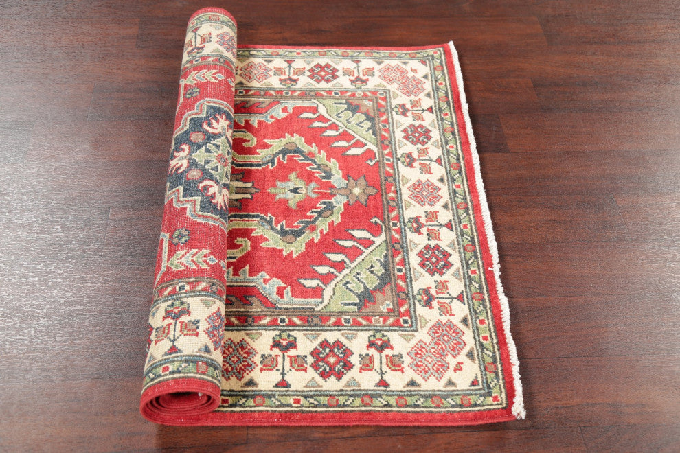 Hand Made Kazak Oriental Traditional Pakistani Area Rug, Red, 4'11"x3'3