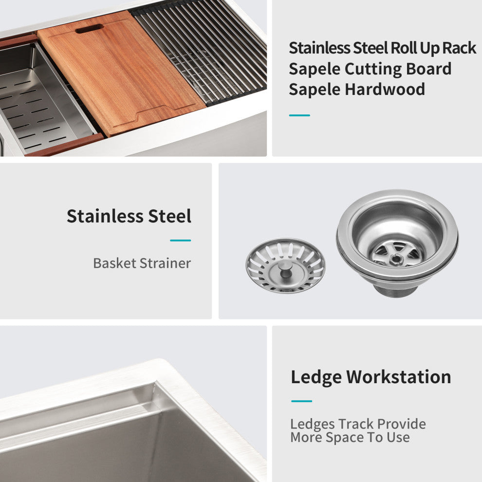 Stainless Steel Double Bowl Farmhouse Kitchen Sink, Workstation
