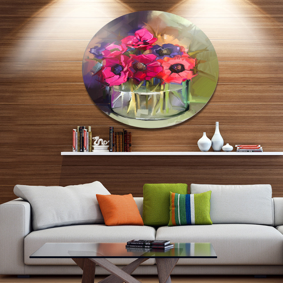 Red Anonymous Flower Bouquet, Modern Floral Round Wall Art, 11"