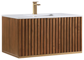 Terra Bathroom Vanity, Walnut/Satin Brass With White Quartz, 36", White Quartz Top