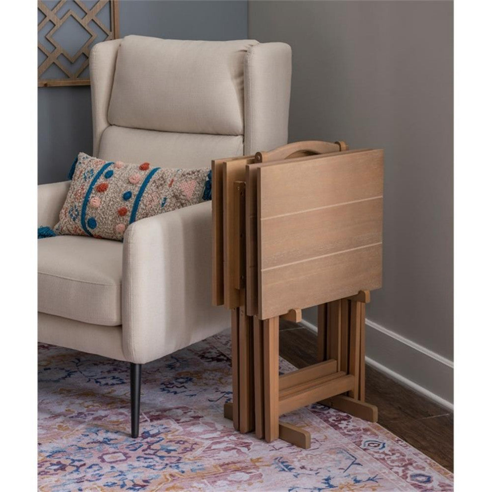 Linon Acacia Wood Five Piece Tray Table Set with Planked Distressed Top in Gray