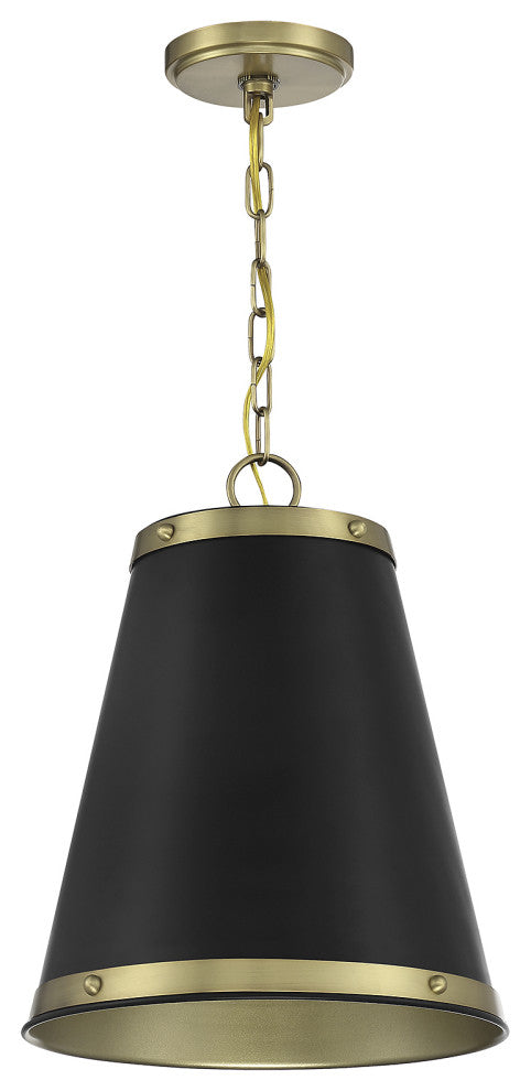 1-Light Pendant, Matte Black With Natural Brass