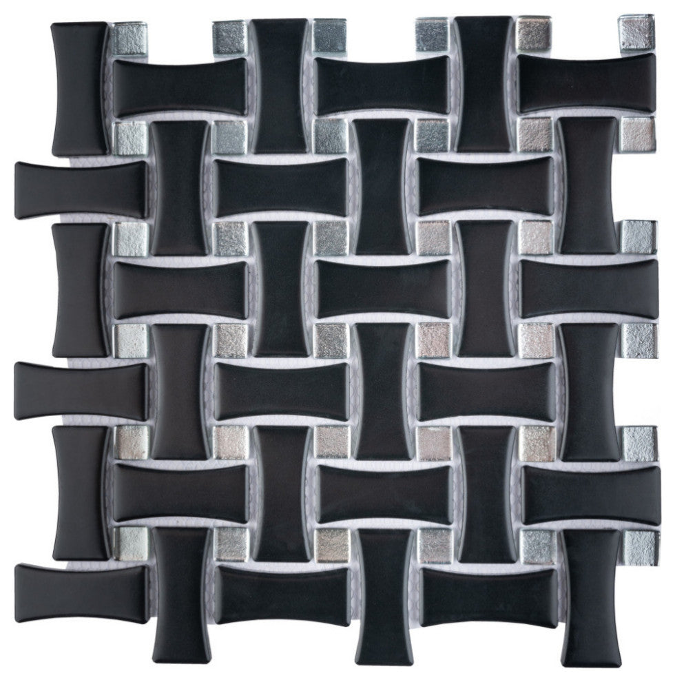 Metro Dog Bone Basketweave With Glass Gold Dot Porcelain Mosaic Wall Tile Sample