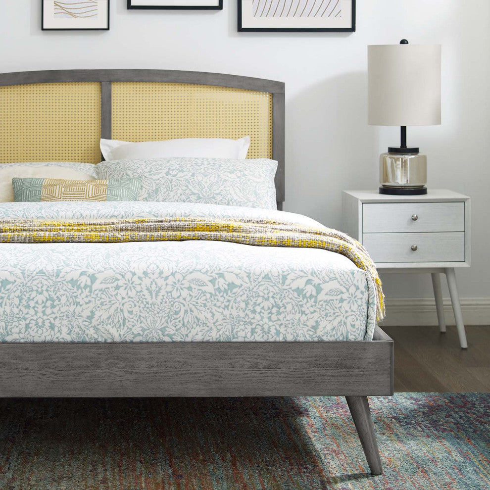 Cane Bed, Woven Rattan Bed, Art Moderne Curve Platform Bed, Grey, Full