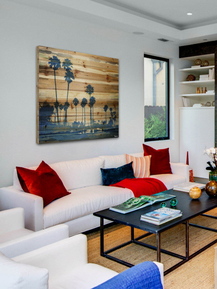 "Blue Palms" Print on Natural Pine Wood, 40"x40"