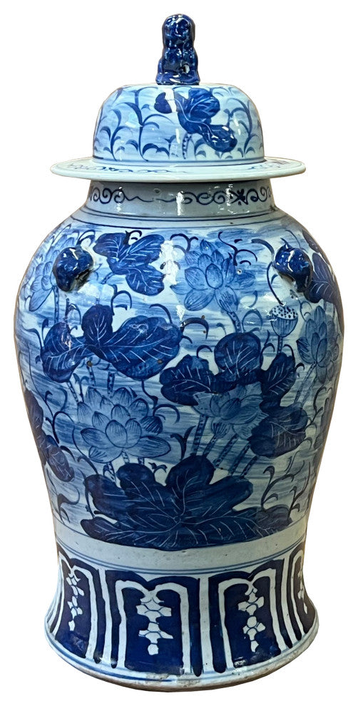 Chinese Blue and White Lotus Flower Porcelain Large Temple General Jar Hws2551