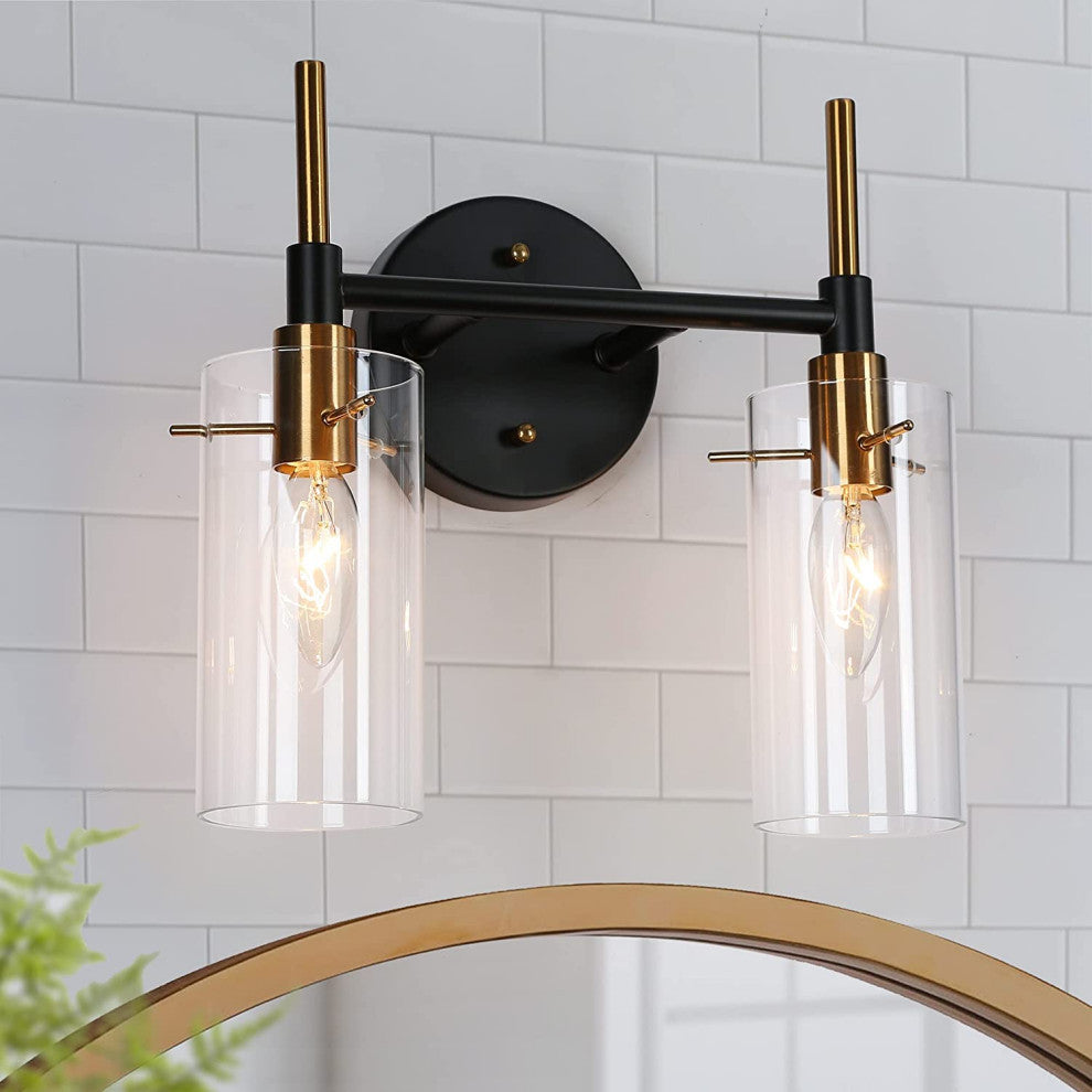 2-Light Farmhouse Wall Lights Black and Gold Wall Sconce With Glass Shade
