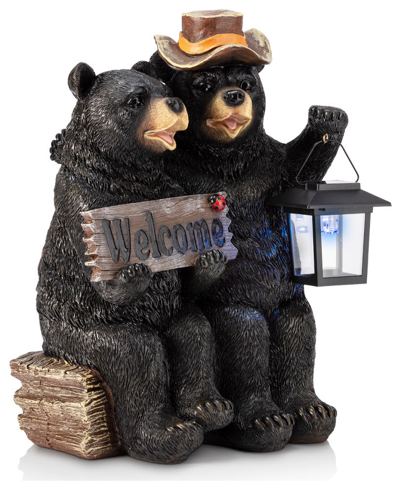 15" Tall Outdoor Bear Couple with Lantern and Welcome Sign Statue with Solar LED