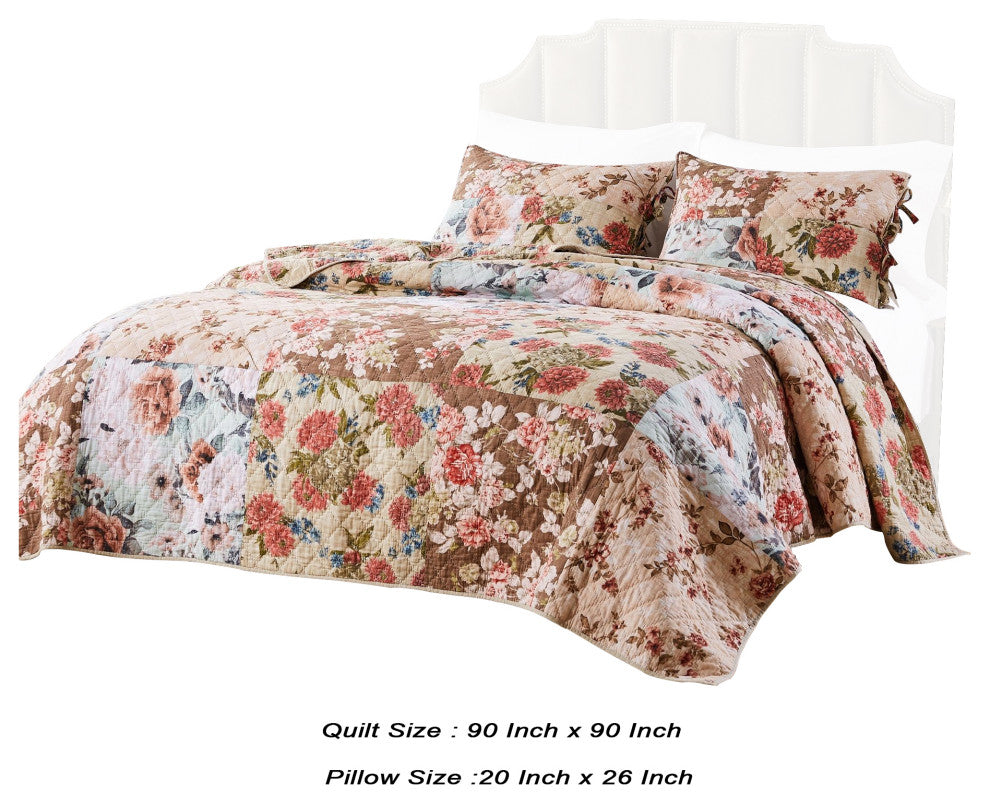Benzara BM231031 3 Piece Microfiber Reversible Floral Print Queen Quilt Set