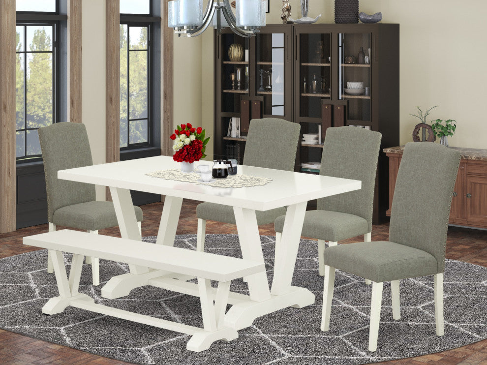 6-Piece Table Dining Set, Dark Shitake Chairs, Bench and Top Table, Linen White