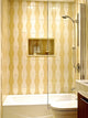 70"x30" Semi-Frameless Glass Shower Door, Polished Silver Pivot, Round Corner