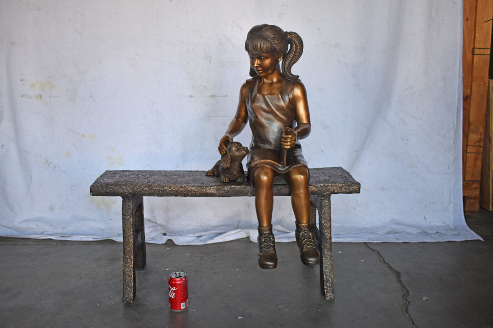 Young Girl with Her Puppy on Bench Reading Bronze Statue, Size 37" x 17" x 38"