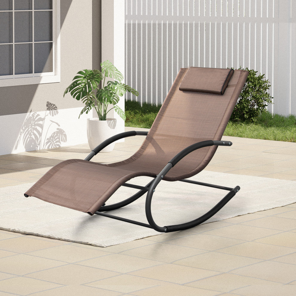 Patio Rocking Chair Curved Rocker Chaise Lounge Chair with Pillow, Brown