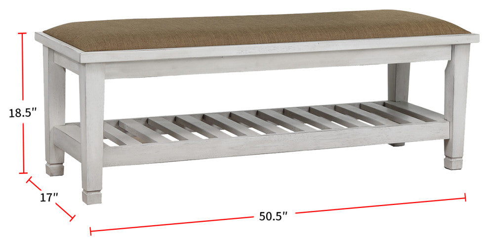 Upholstered Bench With Slatted Bottom Shelf Design, Antique White