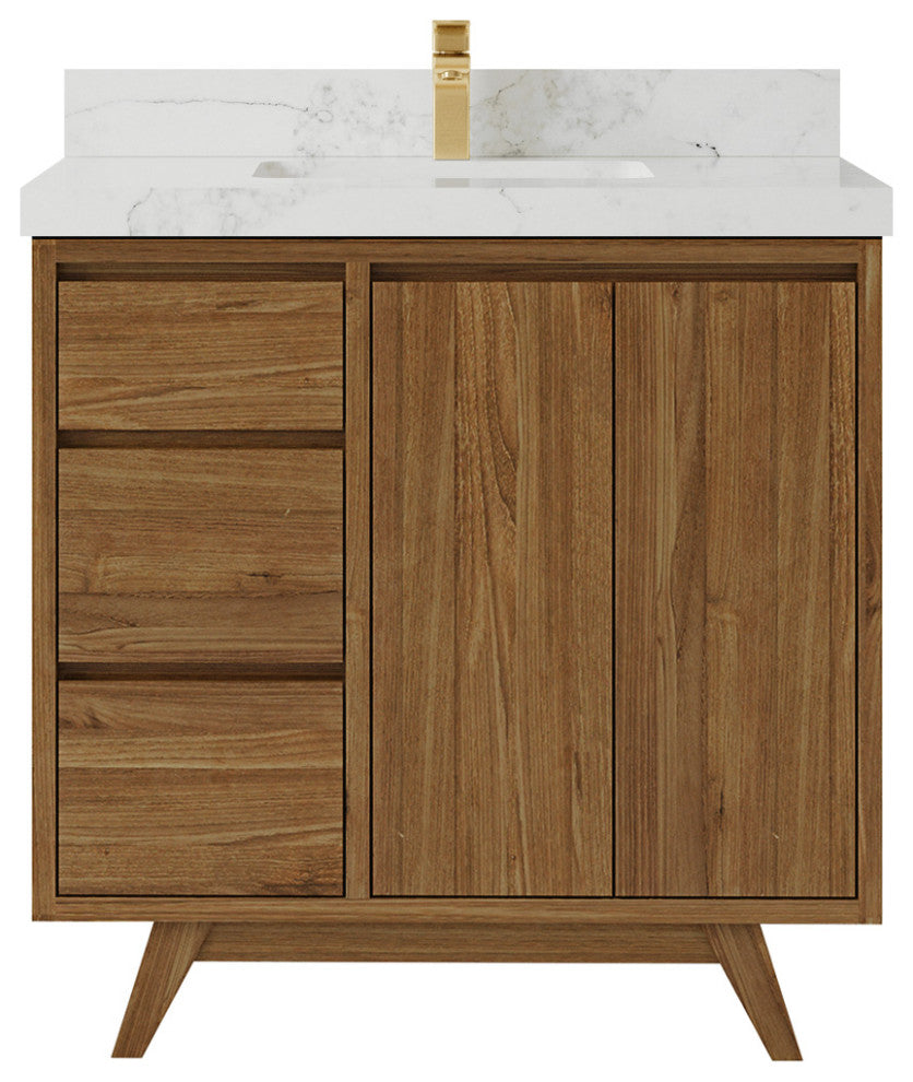 Madison Teak 36 Center Sink Bath Vanity in Dark Natural 2" Calacatta Nuvo