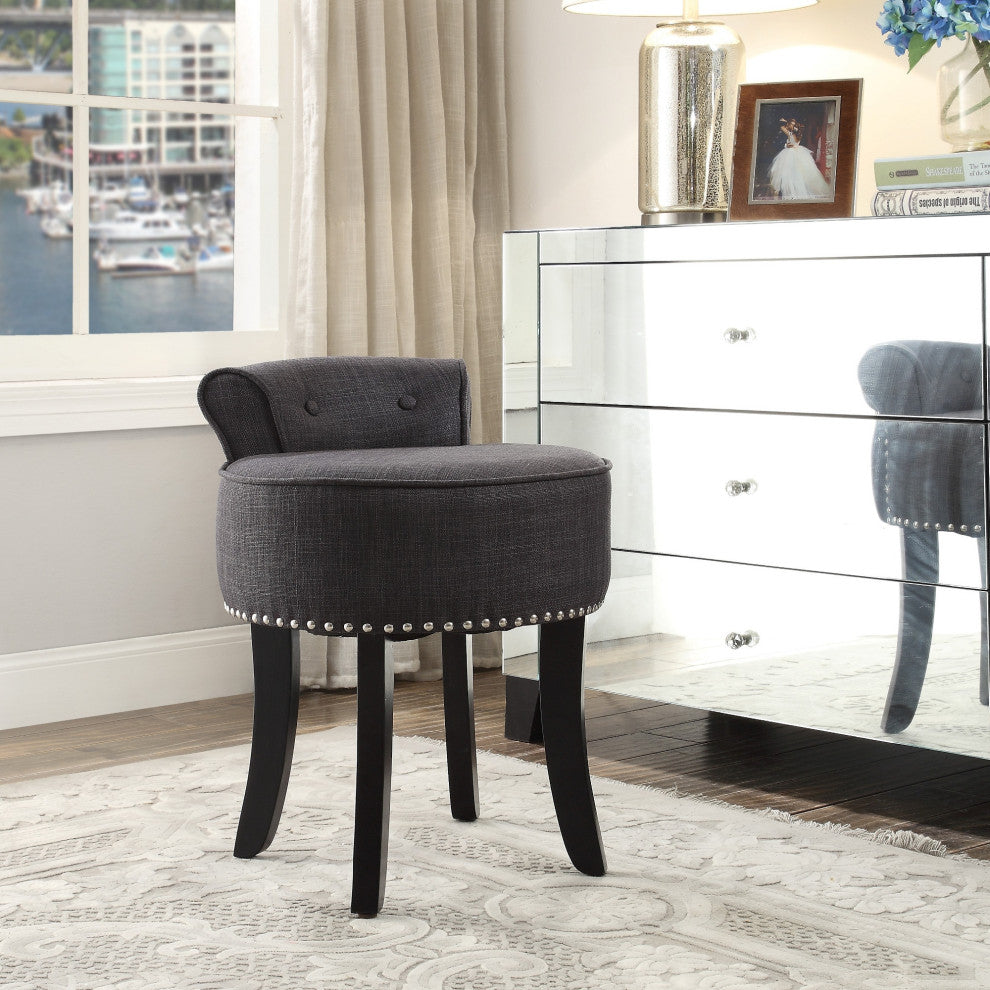 Ludovic Linen Contemporary Nailhead Trim Rolled Back Vanity Stool, Dark Grey