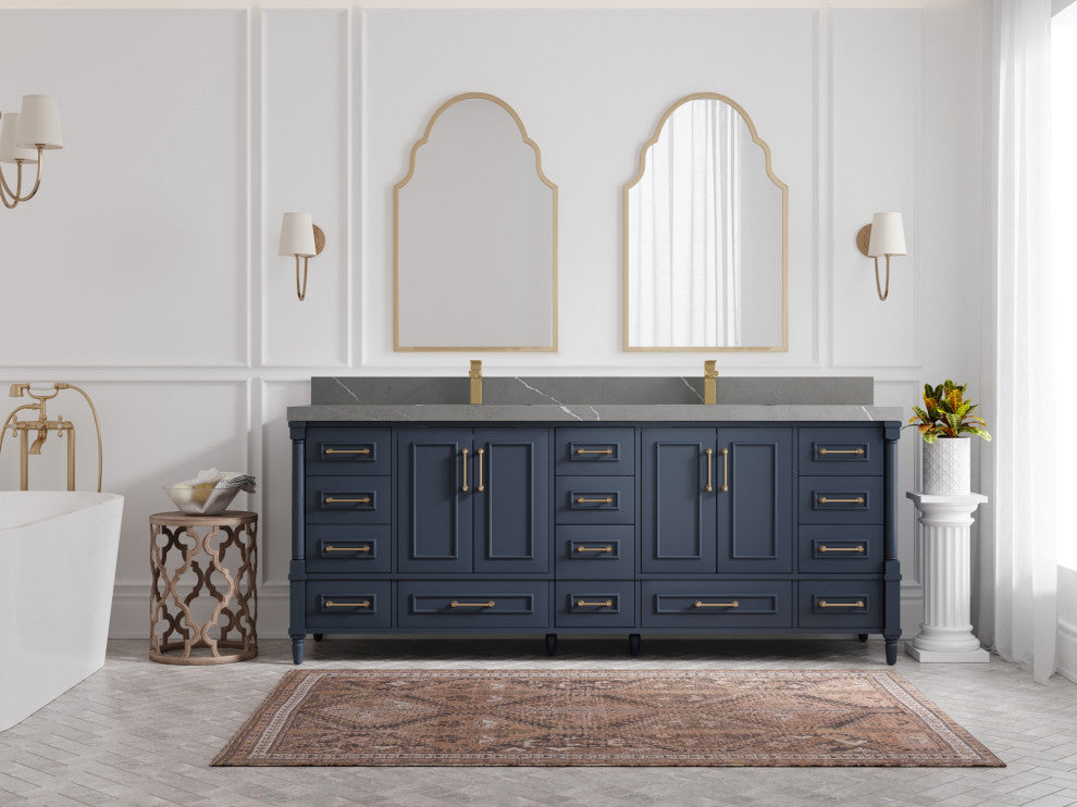 Aberdeen 84 Double Sink Bath Vanity in Hale Navy Blue  2" Piatra Gray