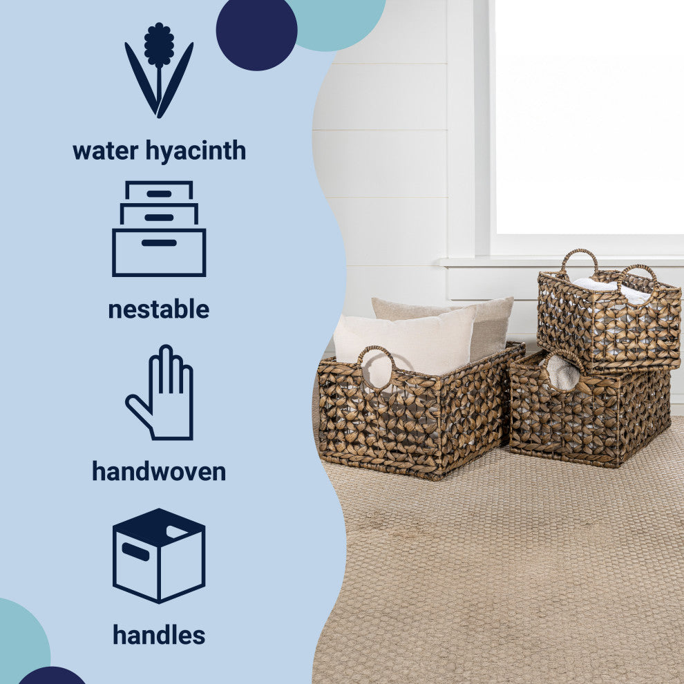 Quinn Cottage Woven Hyacinth Rectangular Storage Baskets With Handles, Set of 3