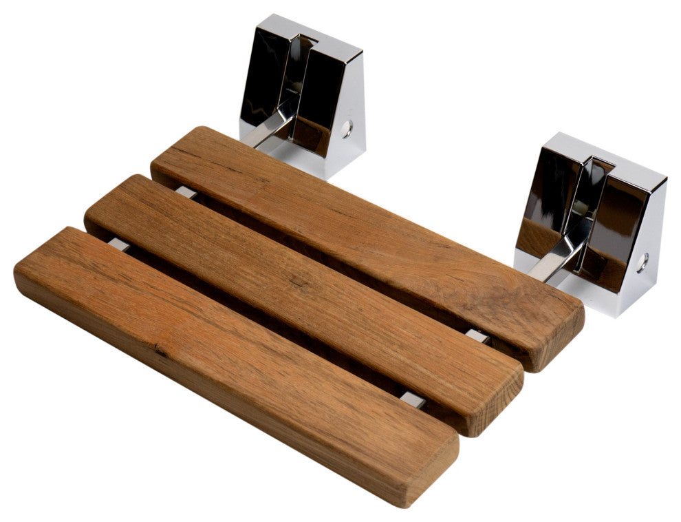 Polished Chrome 16" Folding Teak Wood Shower Seat Bench
