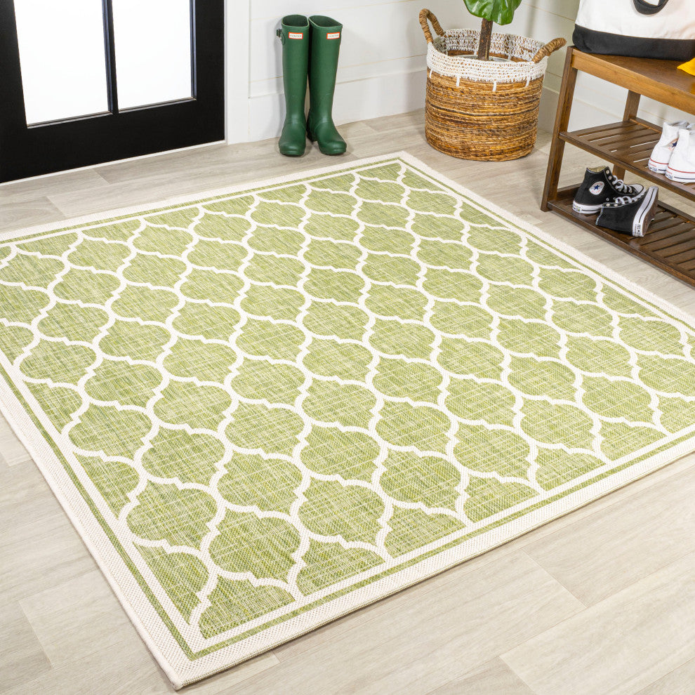 Trebol Moroccan Trellis Textured Weave Indoor/Outdoor, Green/Cream, 5' Square