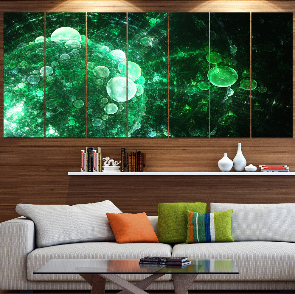 Green Spherical Water Droplets, Floral Canvas Art Print, 83"x32", 7 Panels