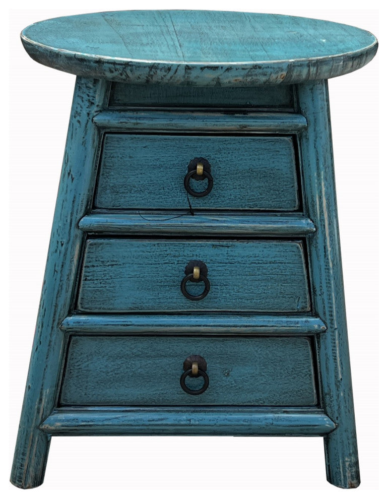 Chinese Distressed Light Blue Round Top Drawers Wood Stool Table Hws3052