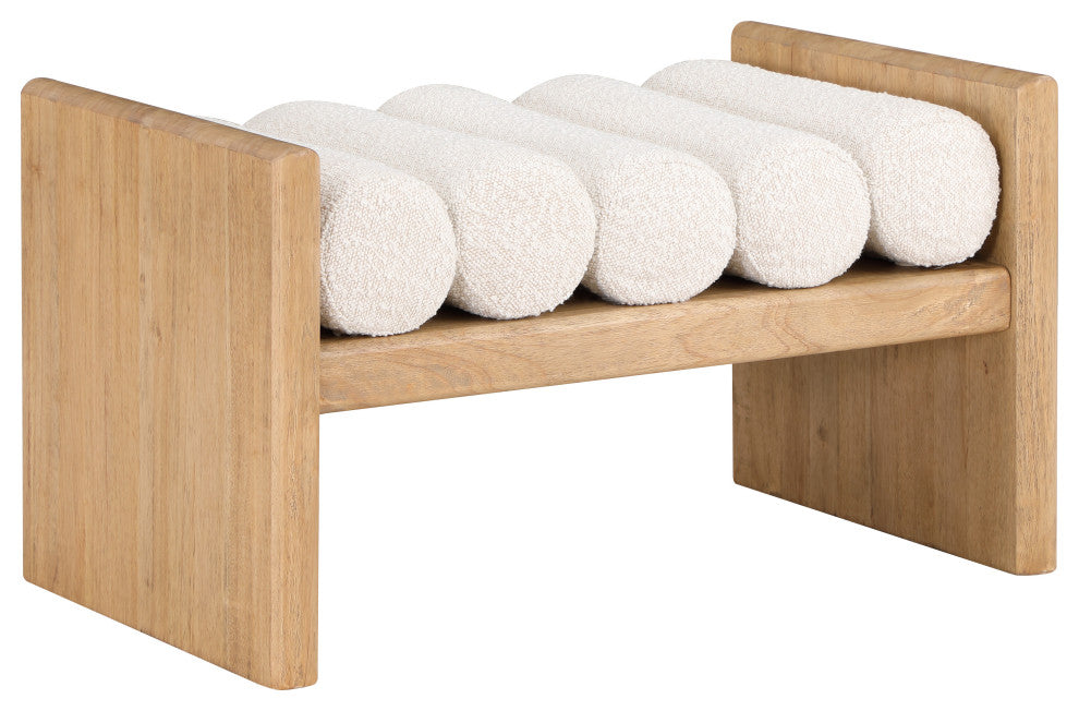 Waverly Boucle Fabric Upholstered Bench, Cream, 32" Wide, Natural Finish