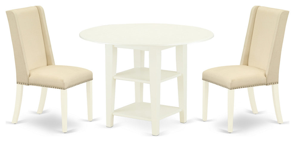 3Pc Dinette Set, Round Table, Two Shelves, 2 Chairs, Cream Dining Chairs Seat