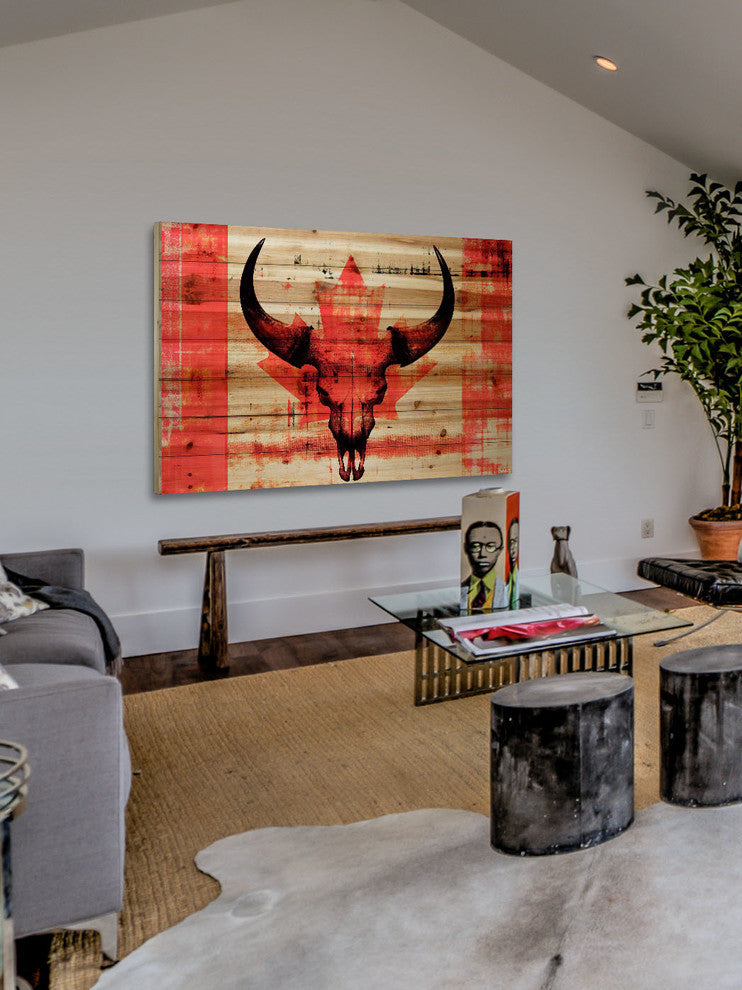 "Red Leaf Skull" Print on Natural Pine Wood, 60"x40"
