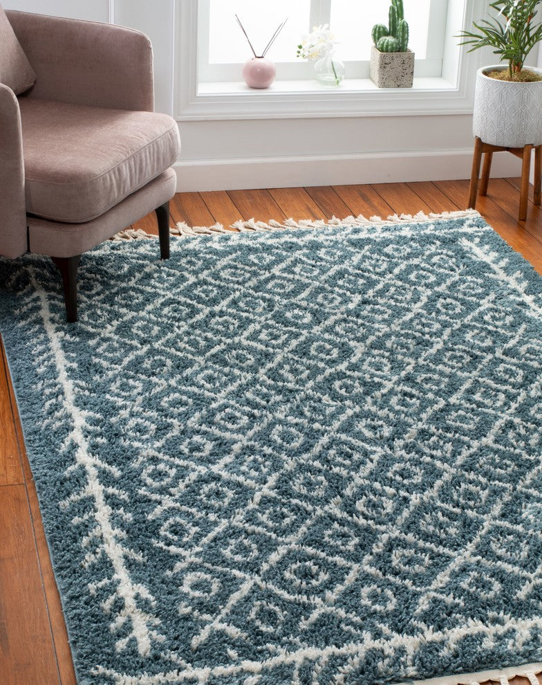 Well Woven Cabana Tribal Geometric Shag Agata 5'3"x7'3" Light Blue Area Rug