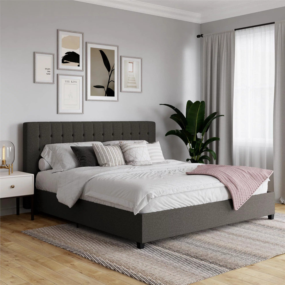 King Platform Bed, Bentwood Slats & Tufted Linen Upholstered Headboard, Gray