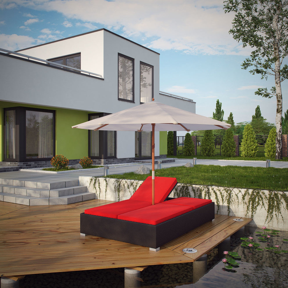 Modern Contemporary Outdoor Patio Rattan and Wicker Chaise Sofa Red