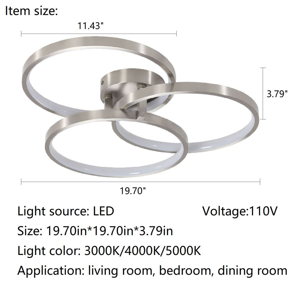 Gold LED Three Ring Design Semi-flush Mount Ceiling Lamp