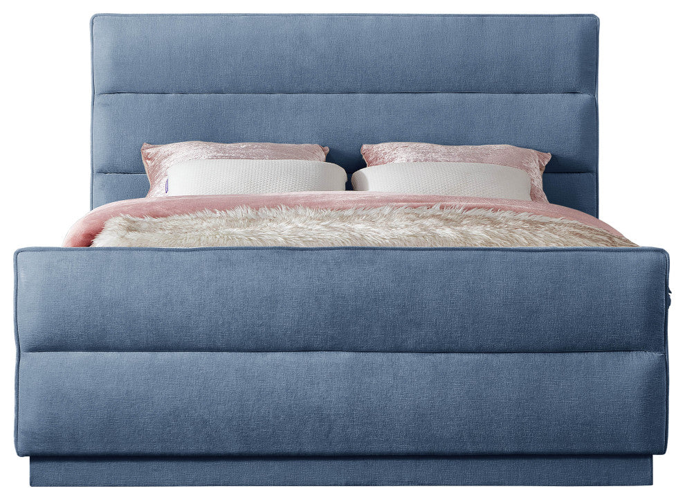 Paxton Chenille Fabric Upholstered Bed, Blue, Queen