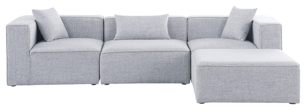 Cube Upholstered Modular Sectional, Gray, 4-Piece: 1 Armless Chair, 2 Corner Chair, 1 Ottoman, Linen Texured Fabric