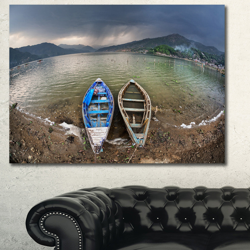 Two Boats near Pokhara Lake, Boat Canvas Art Print, 40"x30"
