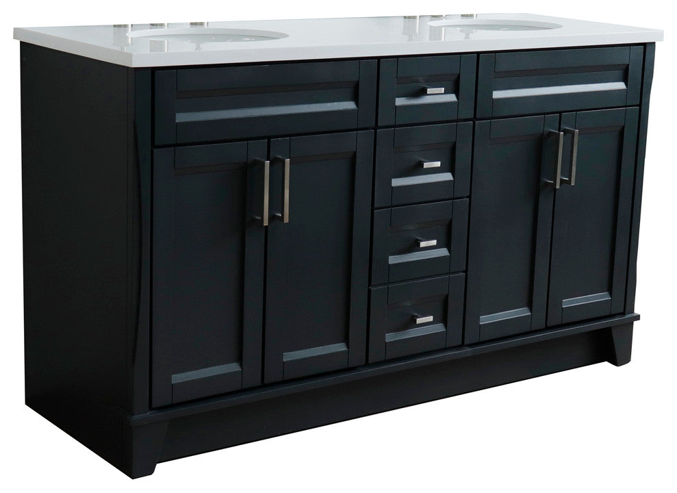 61" Double Sink Vanity, Dark Gray Finish And Engineered Stone Top And Oval Sink